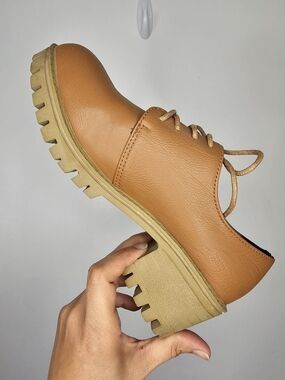 Tan Chunky Lug Sole Oxford Shoes Lace Up Platform Loafers